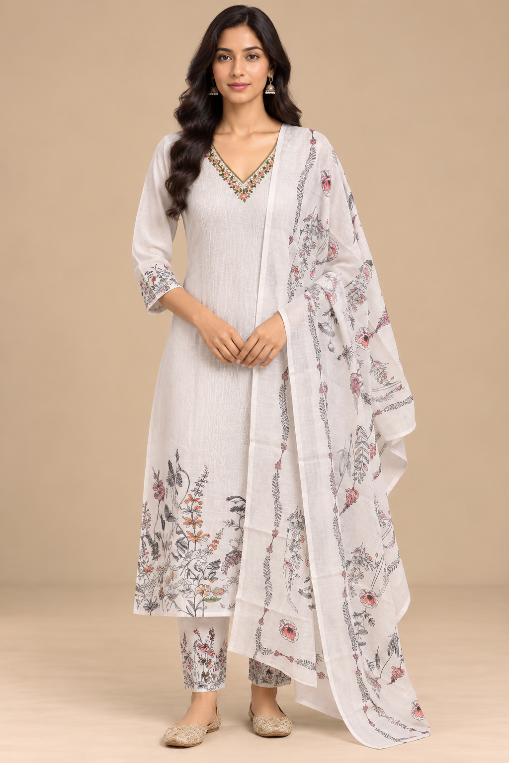 White Floral Printed Kurta Pant Dupatta Set